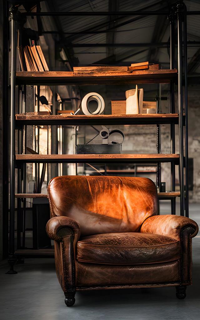 Loft di 120 metri quadrati a Pieve Emanuele con poltrona in pelle vintage accanto a una libreria in ferro