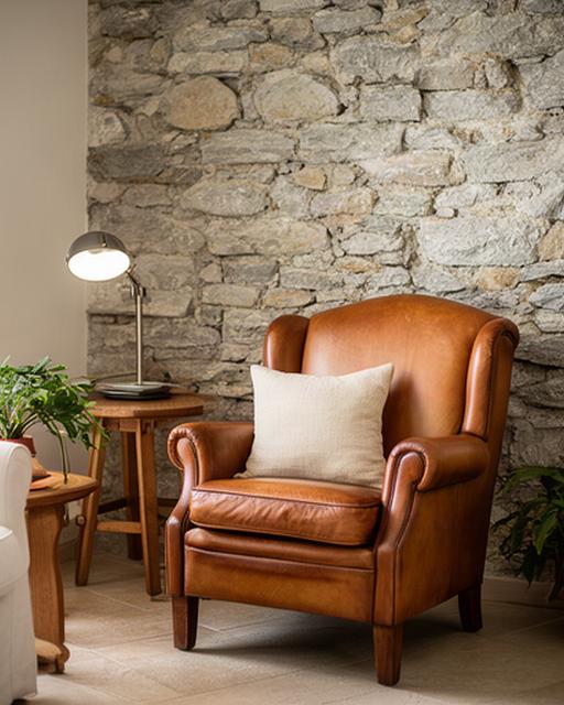 Poltrona in pelle cognac in una sala comune di un B&B ligure con parete in pietra