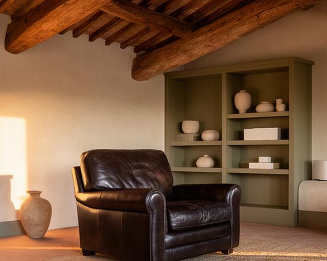 Poltrona in pelle scura in una casa vacanza toscana con travi a vista e libreria