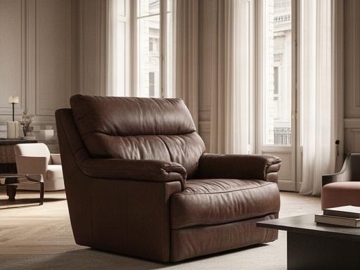 Poltrona in pelle marrone Lombardia Lounge in un salotto elegante con luce naturale