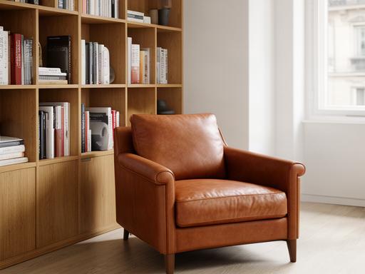 Poltrona in pelle color cuoio Milano Compact accanto a una libreria in un appartamento moderno