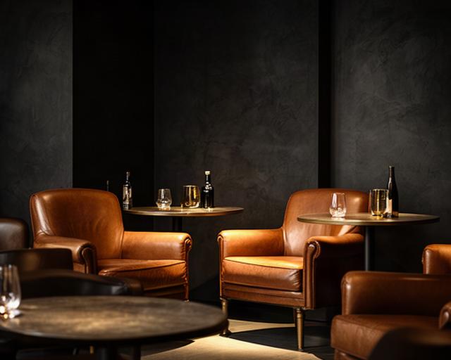 Wine bar in Brera con poltrone in pelle cognac, pareti scure e illuminazione calda